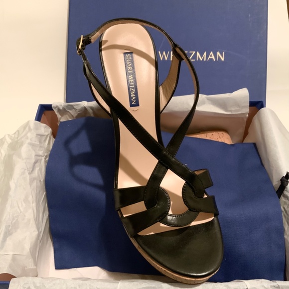 Stuart Weitzman Cressa Black Leather Cork Wedge Platform Sandal Summer Heels 9.5 - Picture 4 of 6